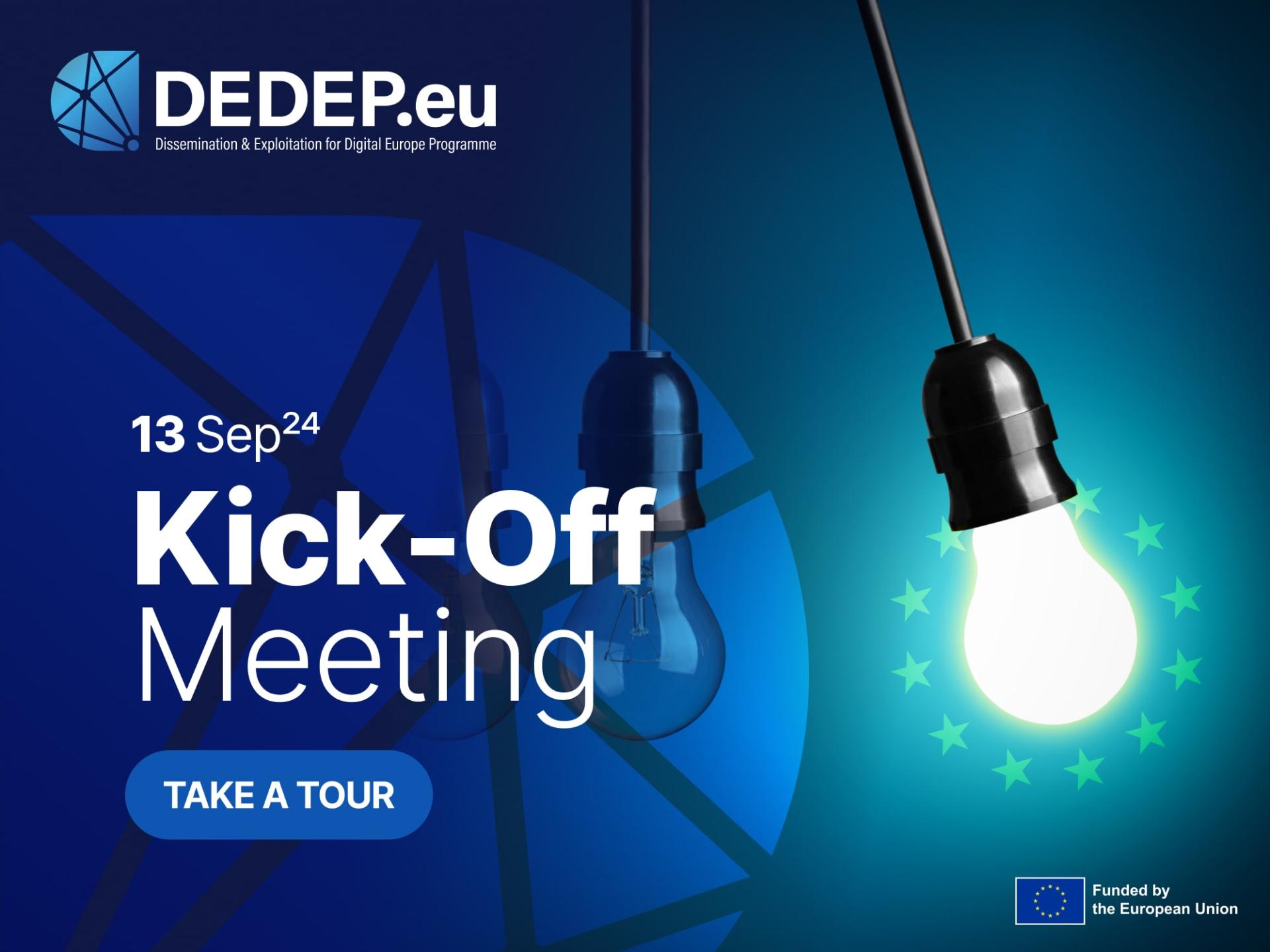 DEDEP.eu blue banner for kick off meeting with lightbulb